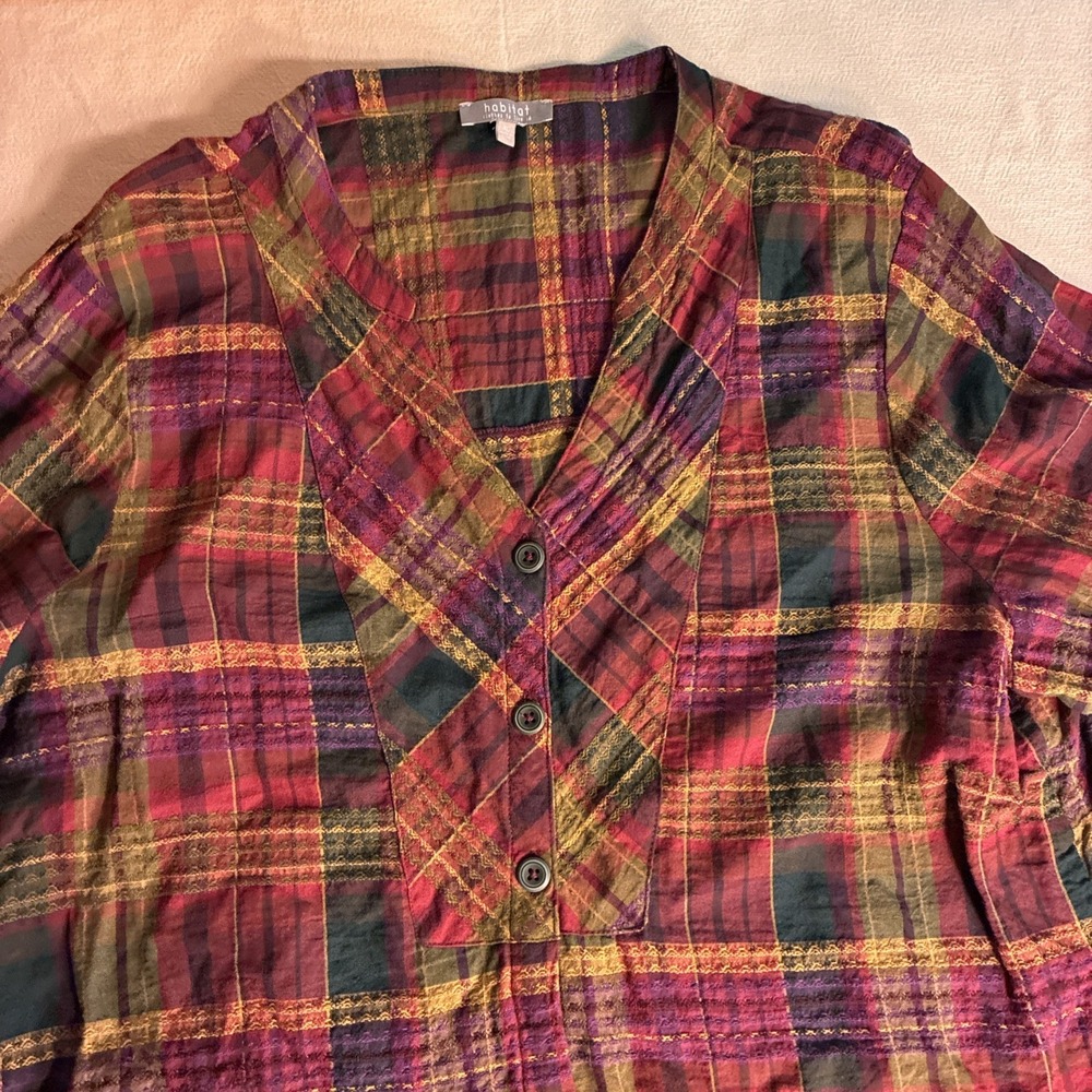 Habitat Women's Top XL Plaid Multi‎ Windowpane Shirt in Forest Cabincore Granola - Picture 3 of 11